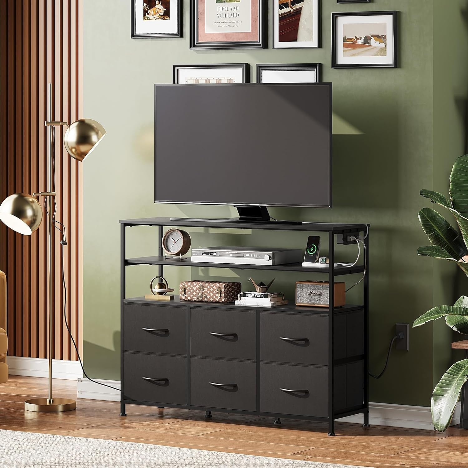 Led Dresser TV Stand Black With 6 Drawers And LED Lights
