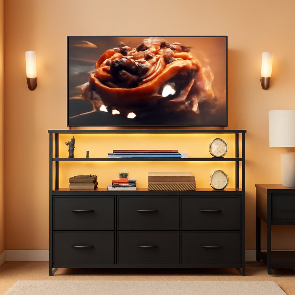 Led Dresser TV Stand Black With 6 Drawers And LED Lights