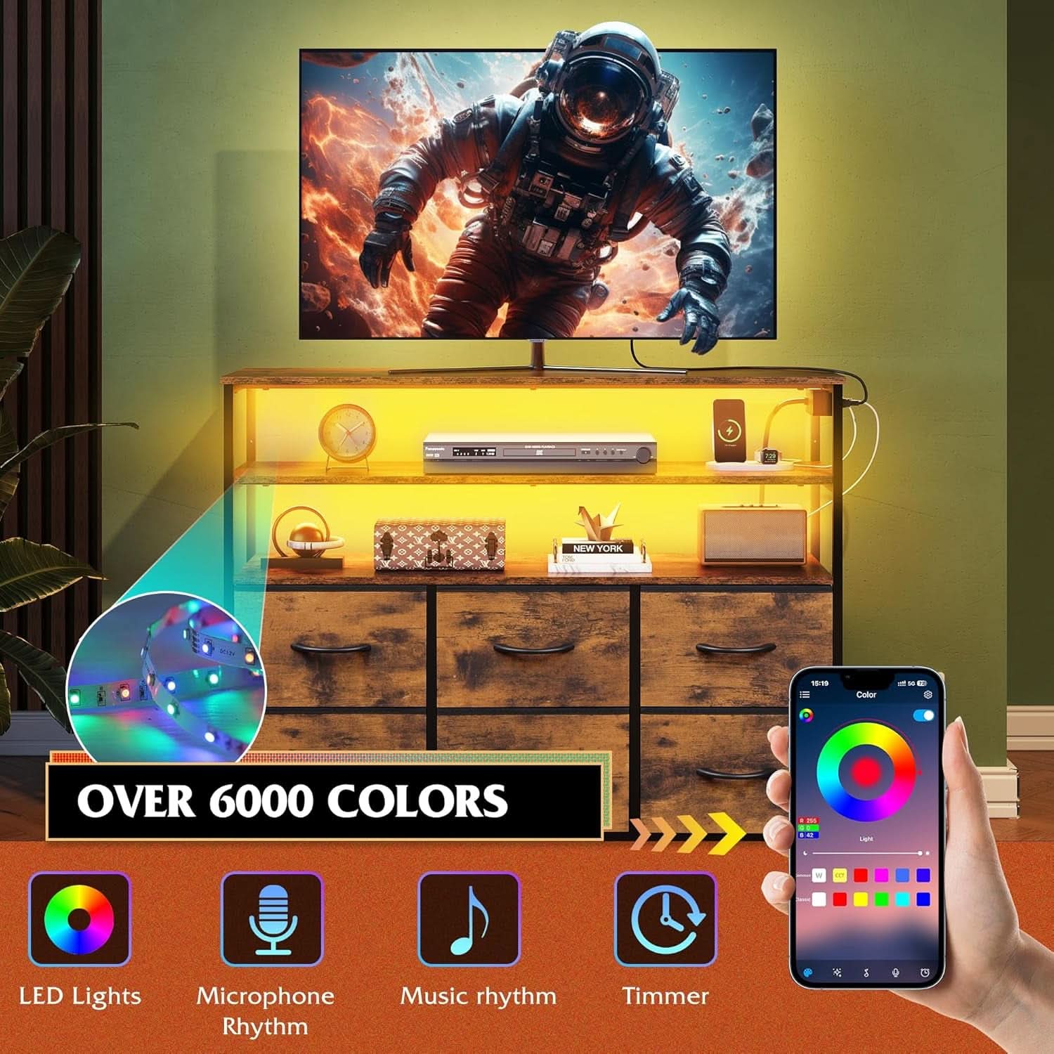 Led Dresser TV Stand With Led Lights And Power Outlet
