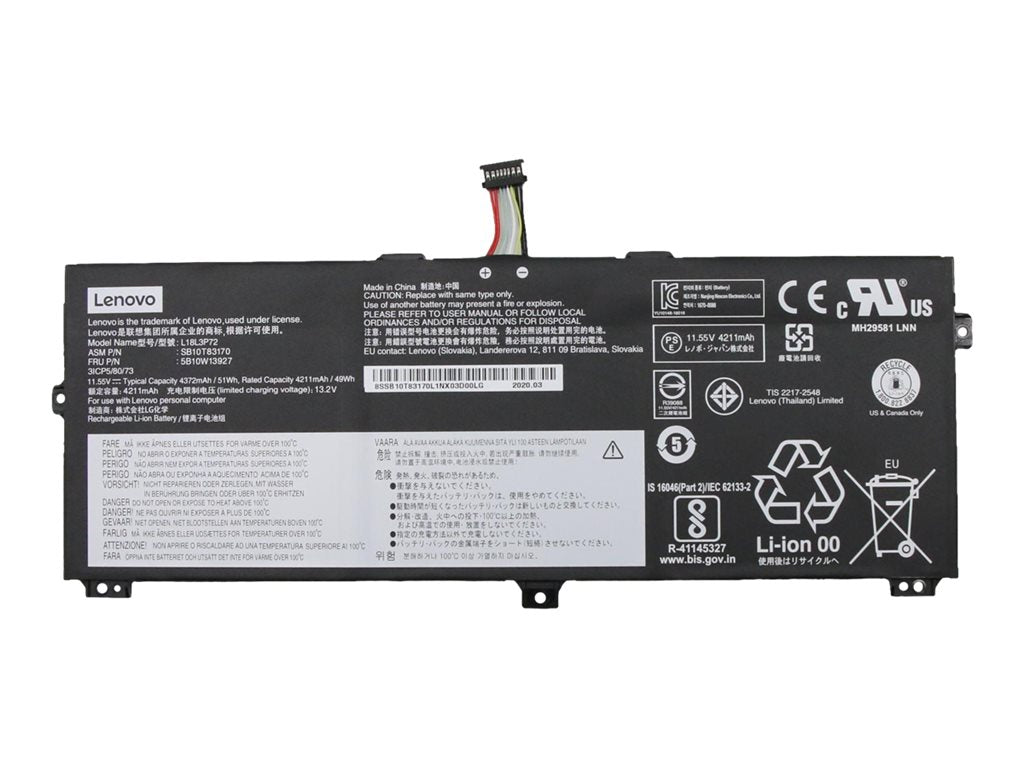 Lenovo - Notebook battery - lithium ion - 3-cell - 4211 mAh - 49 Wh - for ThinkPad X13 Yoga Gen 1 20SX, 20SY; X390 Yoga