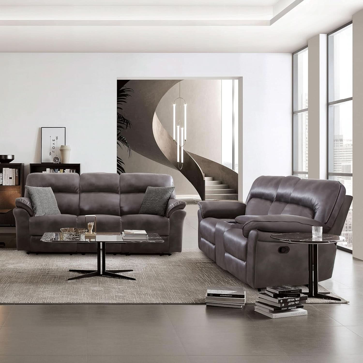 Lerona Dark Gray Faux Leather 2 Piece Recliner Sofa Set