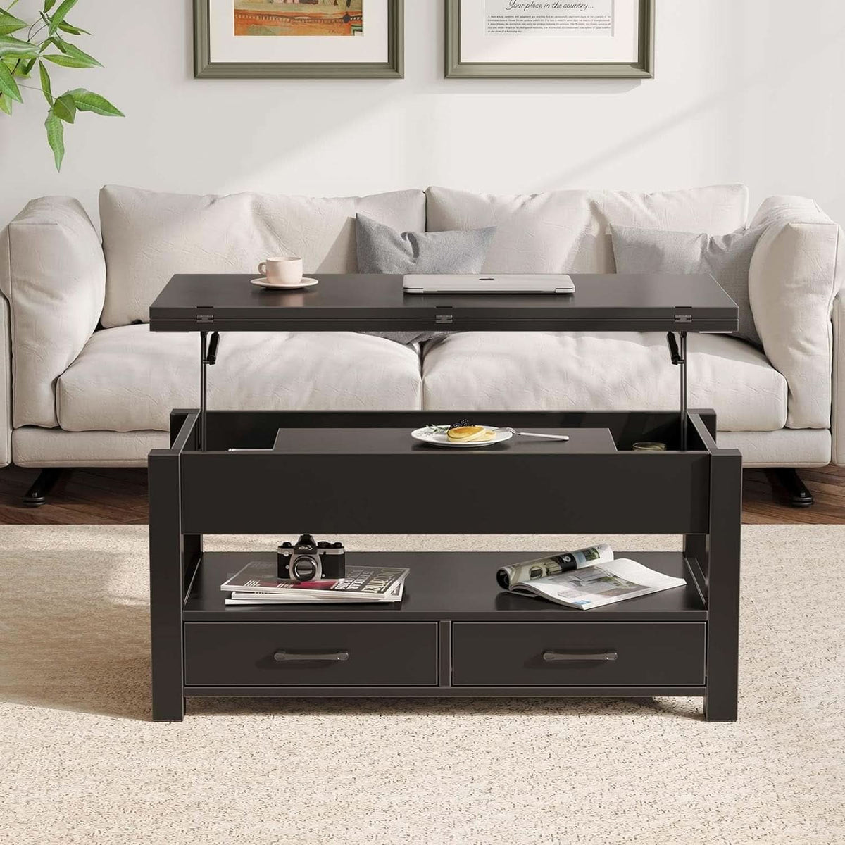 Lift Top Coffee Table With Drawers And Hidden Compartment Black