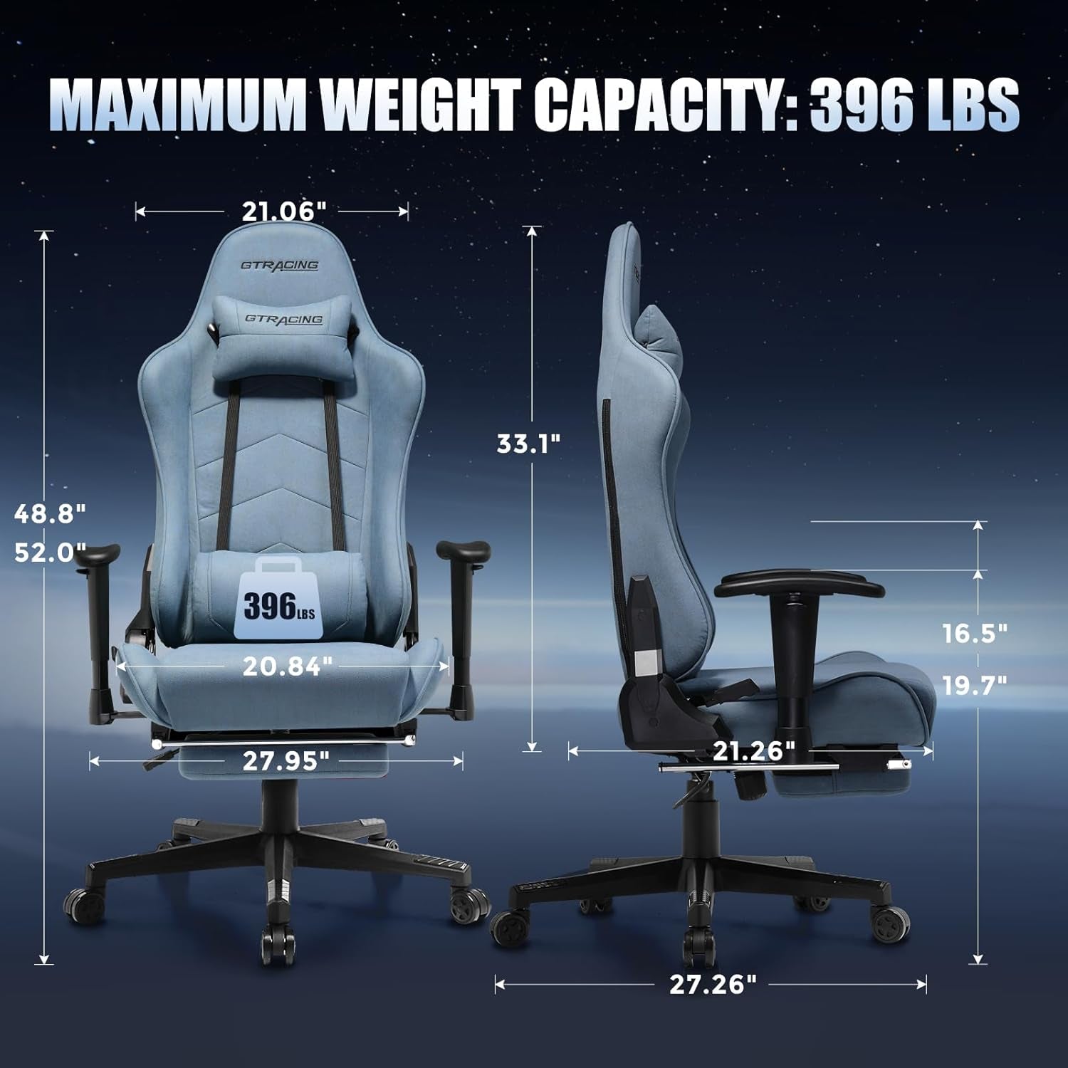 Light Blue Gaming Chair With Adjustable Recline Backrest
