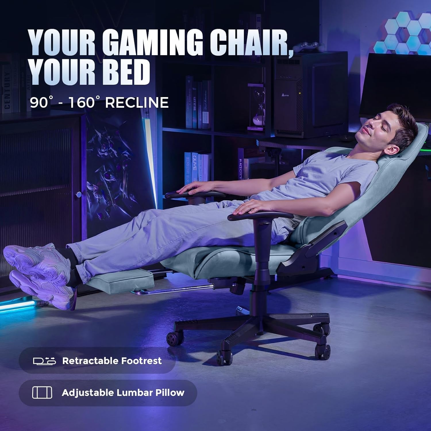 Light Blue Gaming Chair With Adjustable Recline Backrest