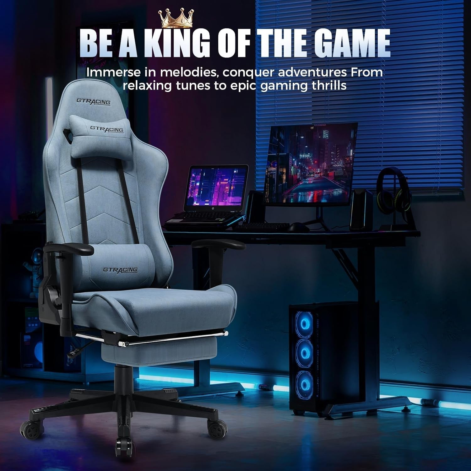 Light Blue Gaming Chair With Adjustable Recline Backrest
