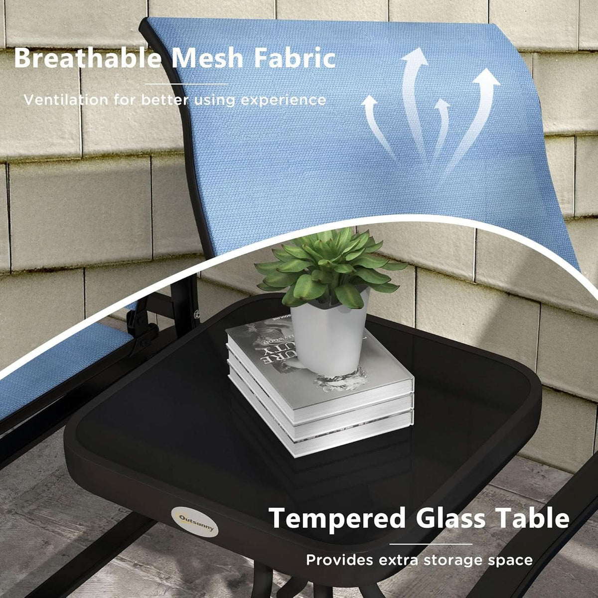 Light Blue Outdoor Glider Set With Steel Frame Glass Table