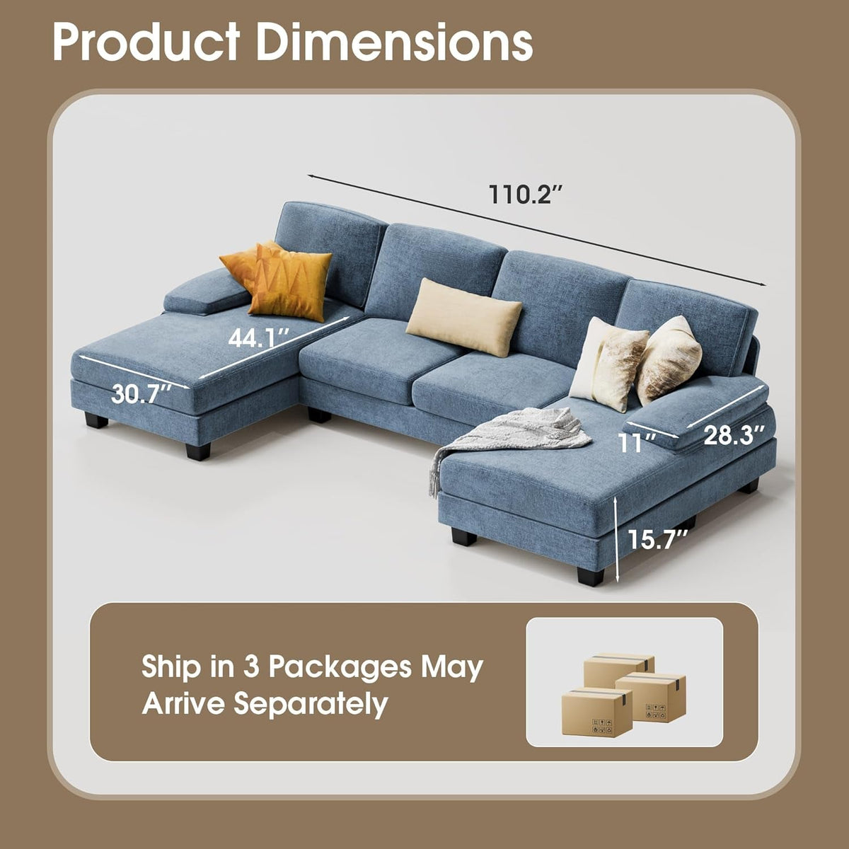 Light Blue U Shaped Sectional Sofa With Linen Fabric 4 Seat