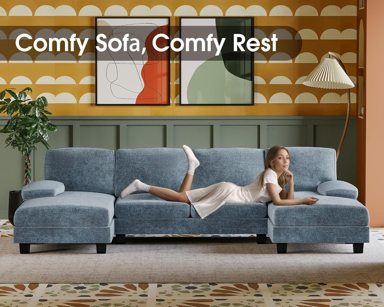 Light Blue U Shaped Sectional Sofa With Linen Fabric 4 Seat