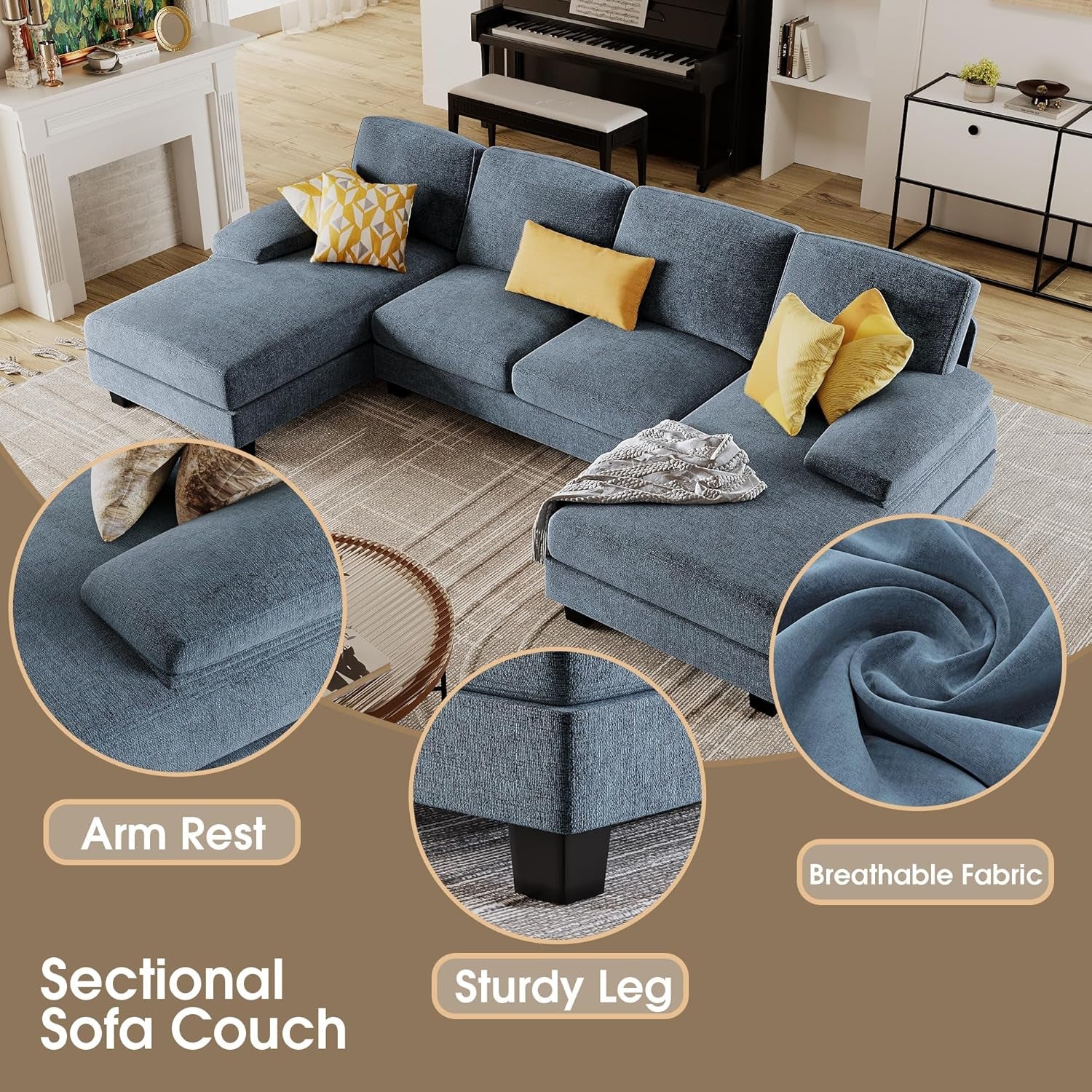 Light Blue U Shaped Sectional Sofa With Linen Fabric 4 Seat