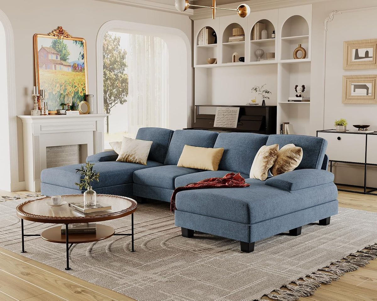 Light Blue U Shaped Sectional Sofa With Linen Fabric 4 Seat