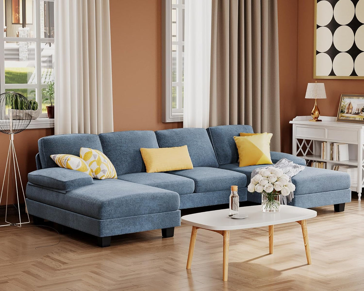 Light Blue U Shaped Sectional Sofa With Linen Fabric 4 Seat