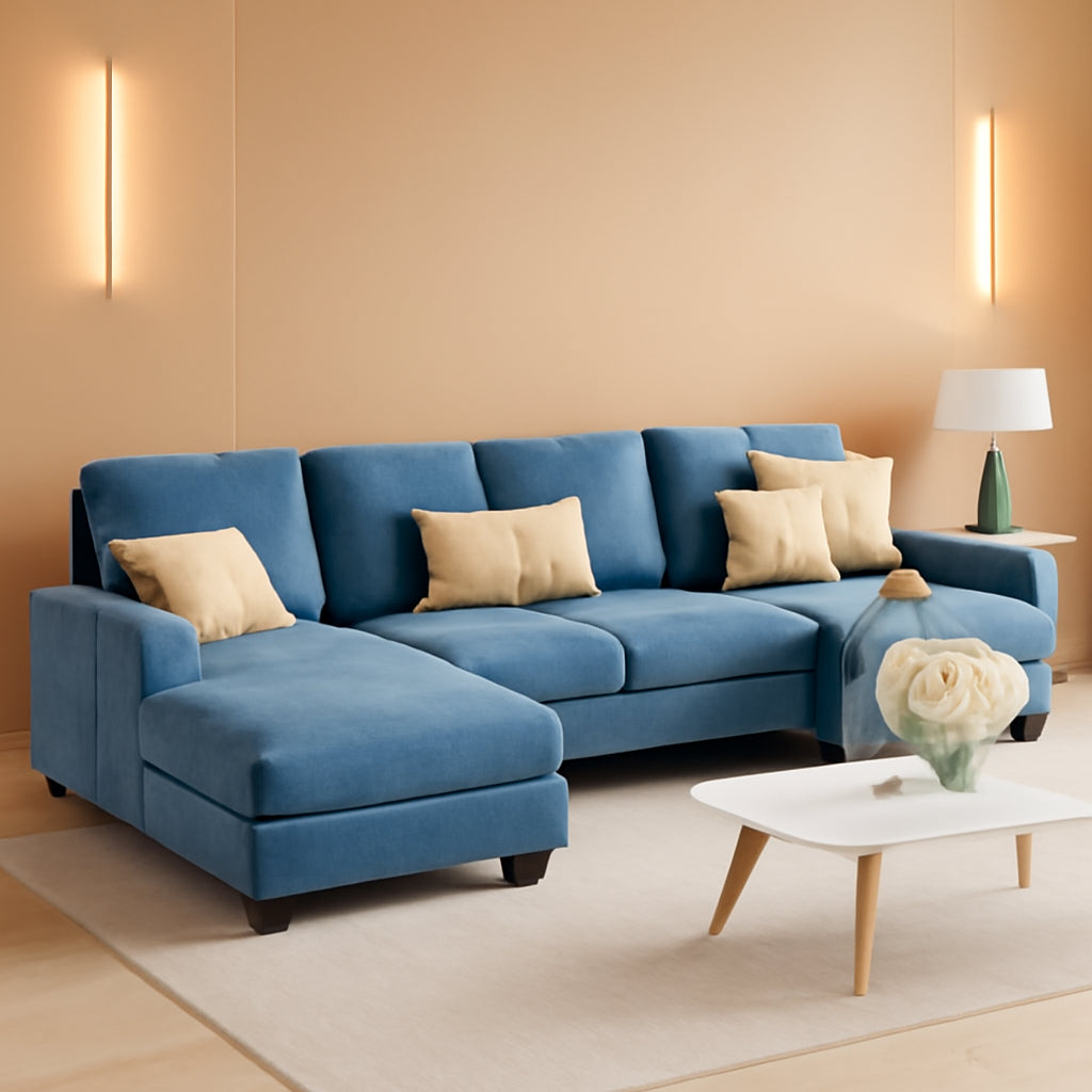 Light Blue U Shaped Sectional Sofa With Linen Fabric 4 Seat
