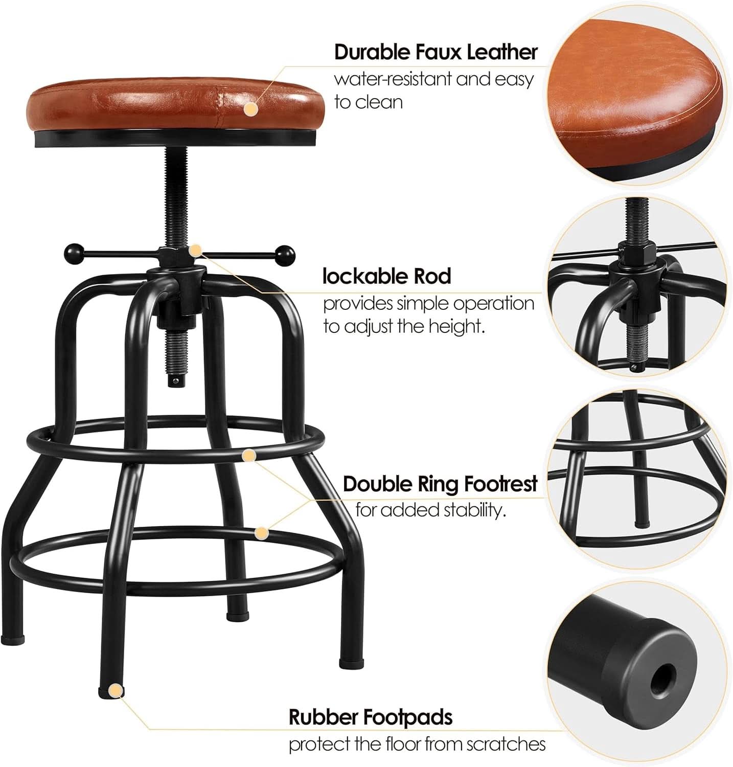 Light Brown Adjustable Metal Bar Stool 21.5-28 Inch Tall