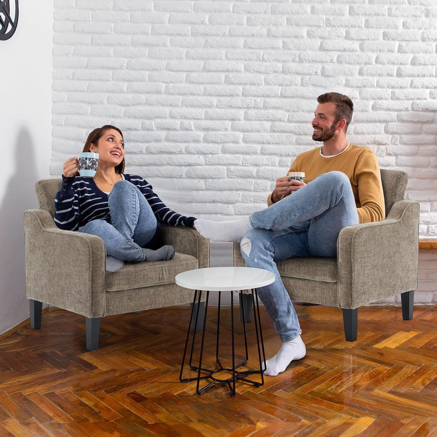 Light Brown Midcentury Upholstered Accent Chairs Set
