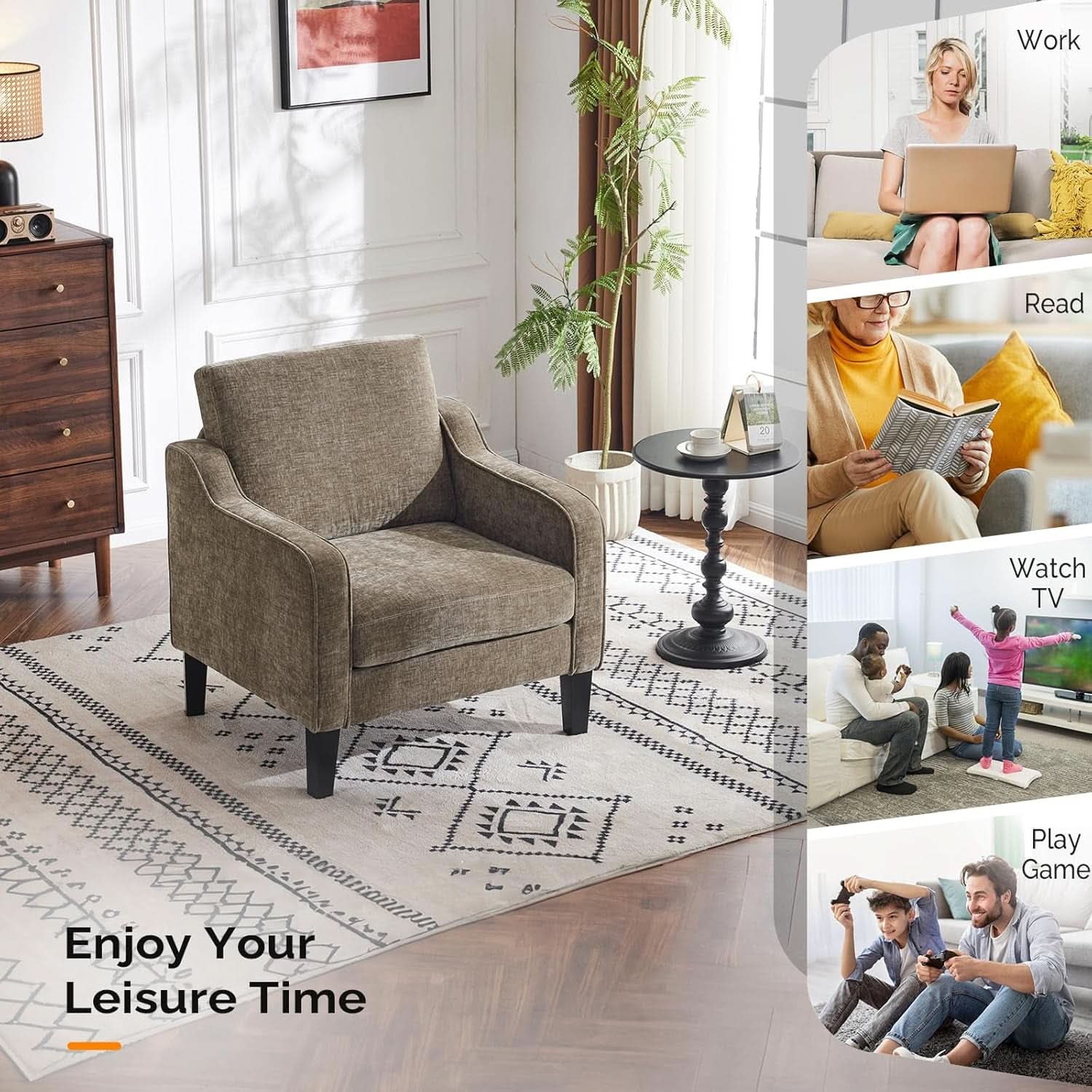 Light Brown Midcentury Upholstered Accent Chairs Set
