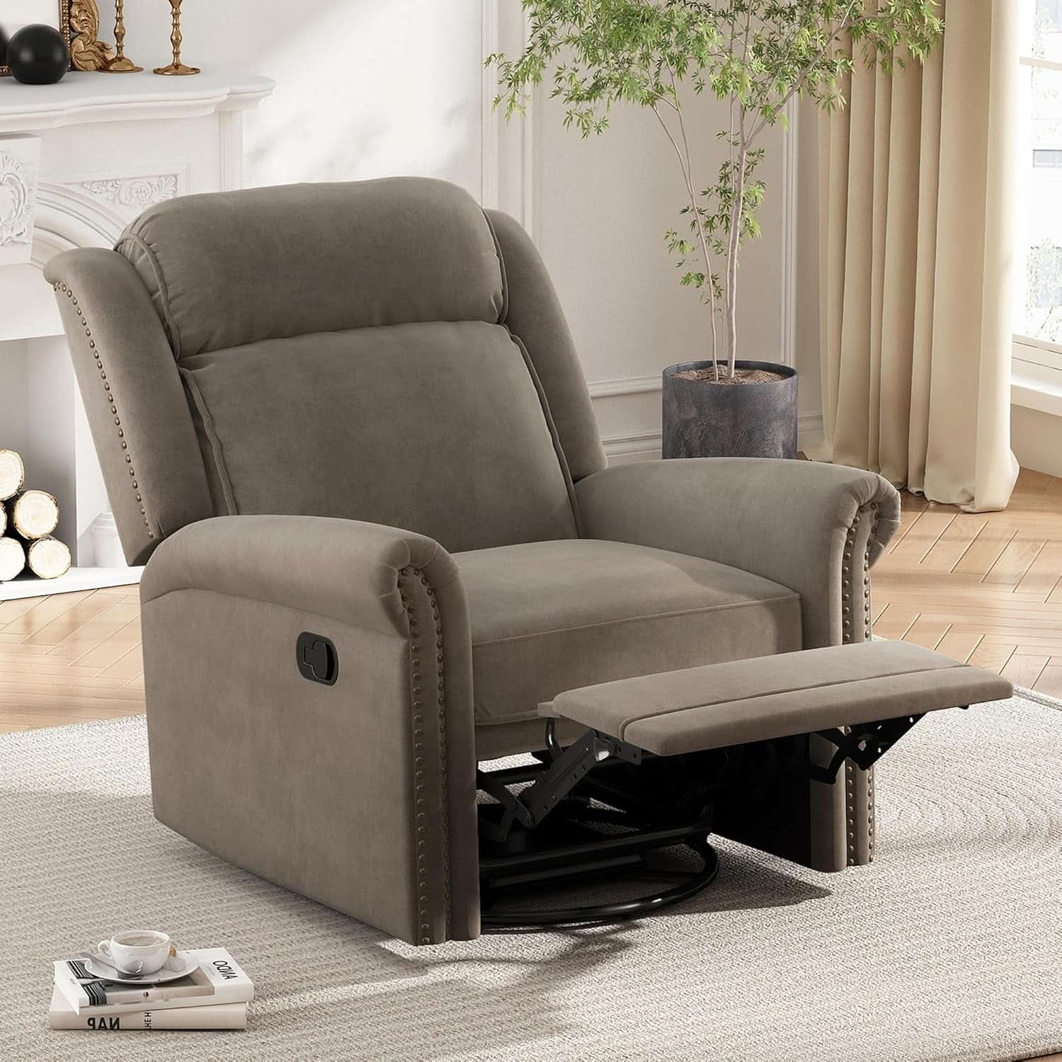 Light Brown Velvet Swivel Rocker Recliner Nailhead Trim