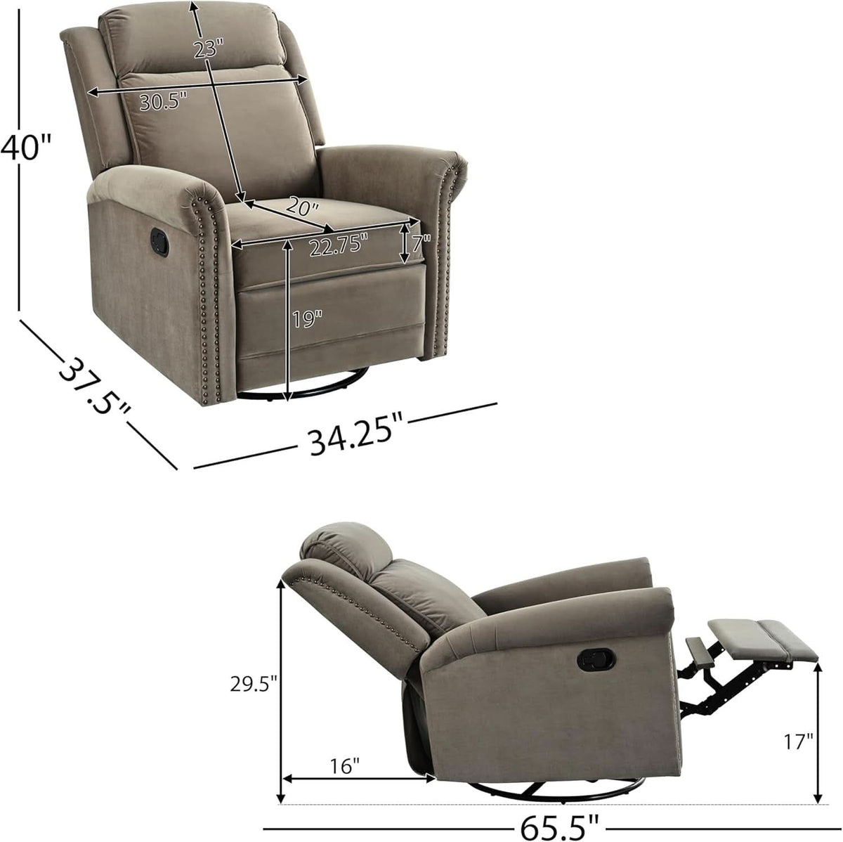 Light Brown Velvet Swivel Rocker Recliner Nailhead Trim