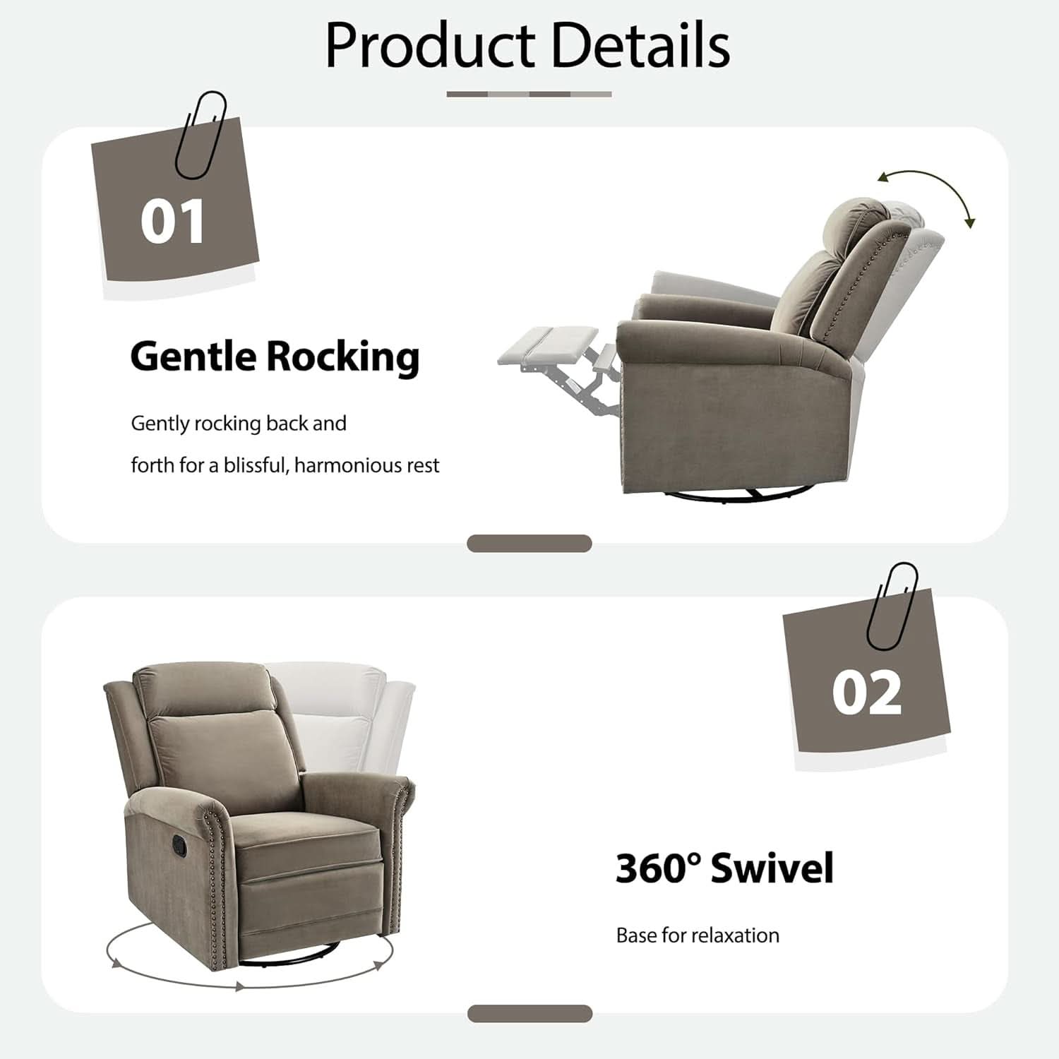 Light Brown Velvet Swivel Rocker Recliner Nailhead Trim