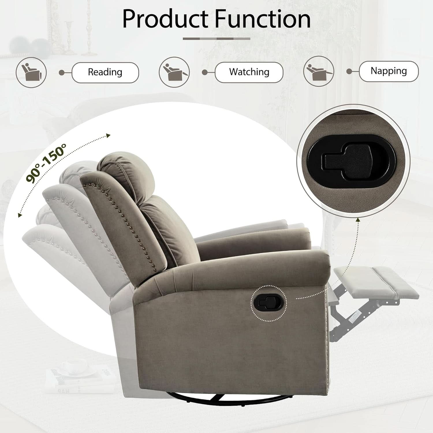 Light Brown Velvet Swivel Rocker Recliner Nailhead Trim