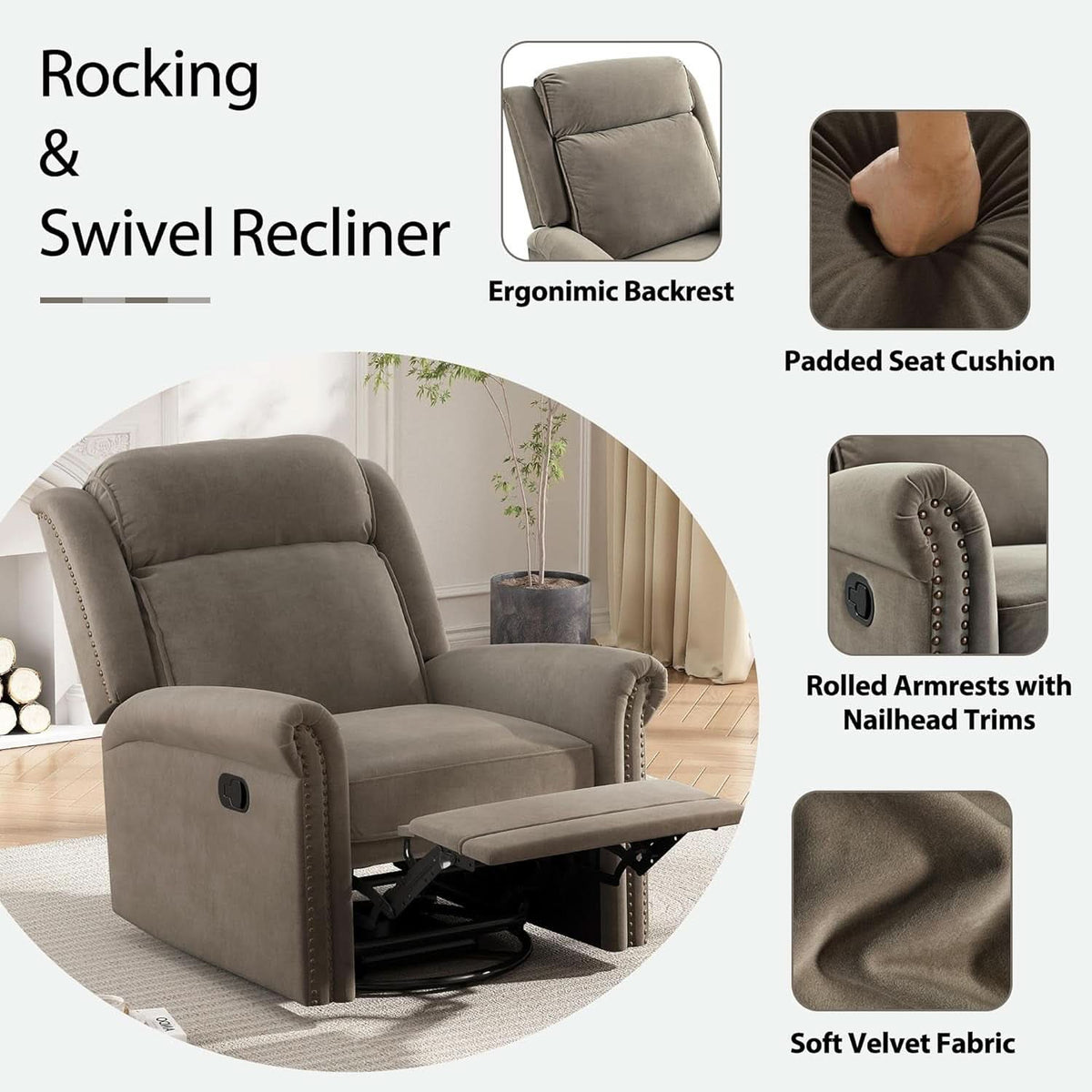 Light Brown Velvet Swivel Rocker Recliner Nailhead Trim