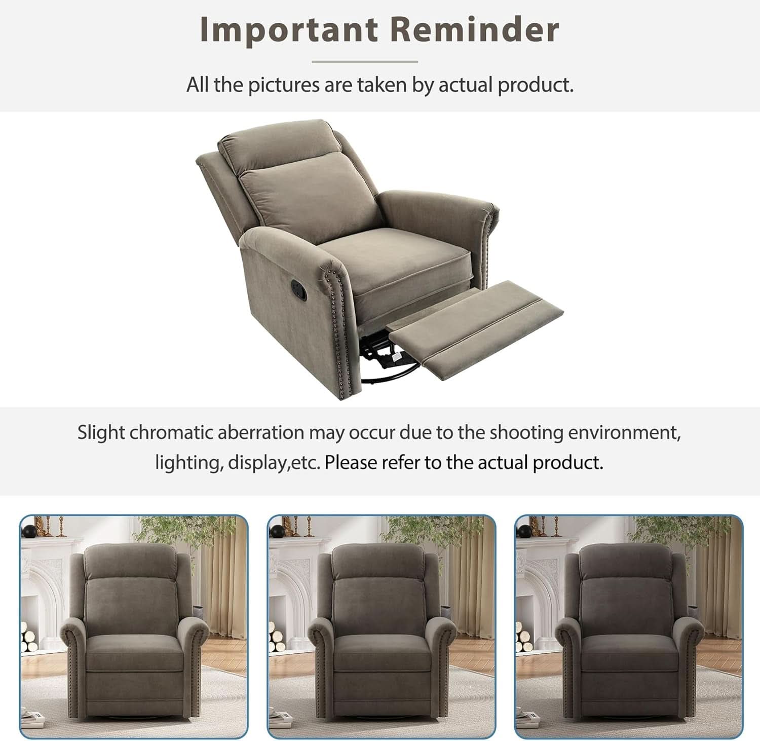 Light Brown Velvet Swivel Rocker Recliner Nailhead Trim