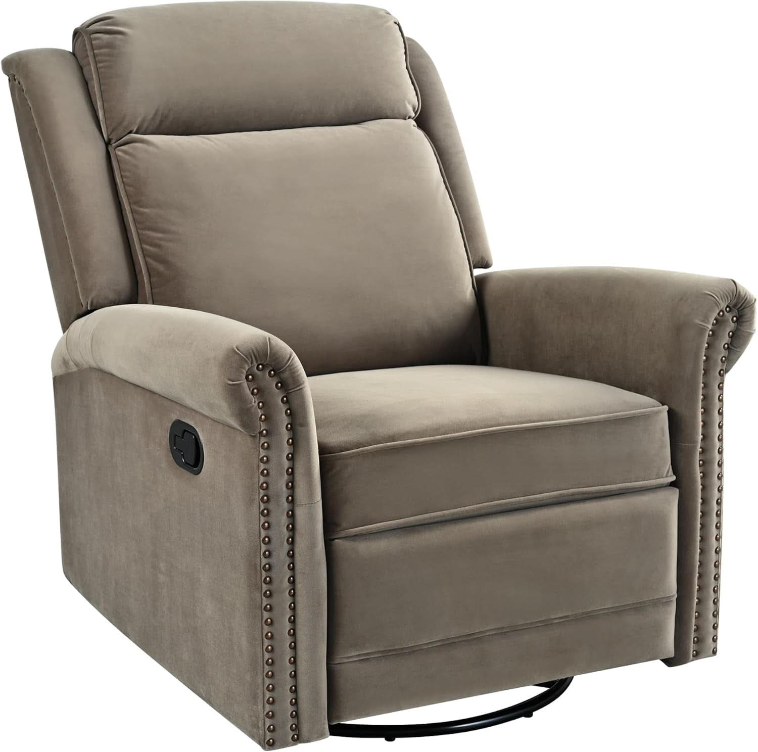 Light Brown Velvet Swivel Rocker Recliner Nailhead Trim