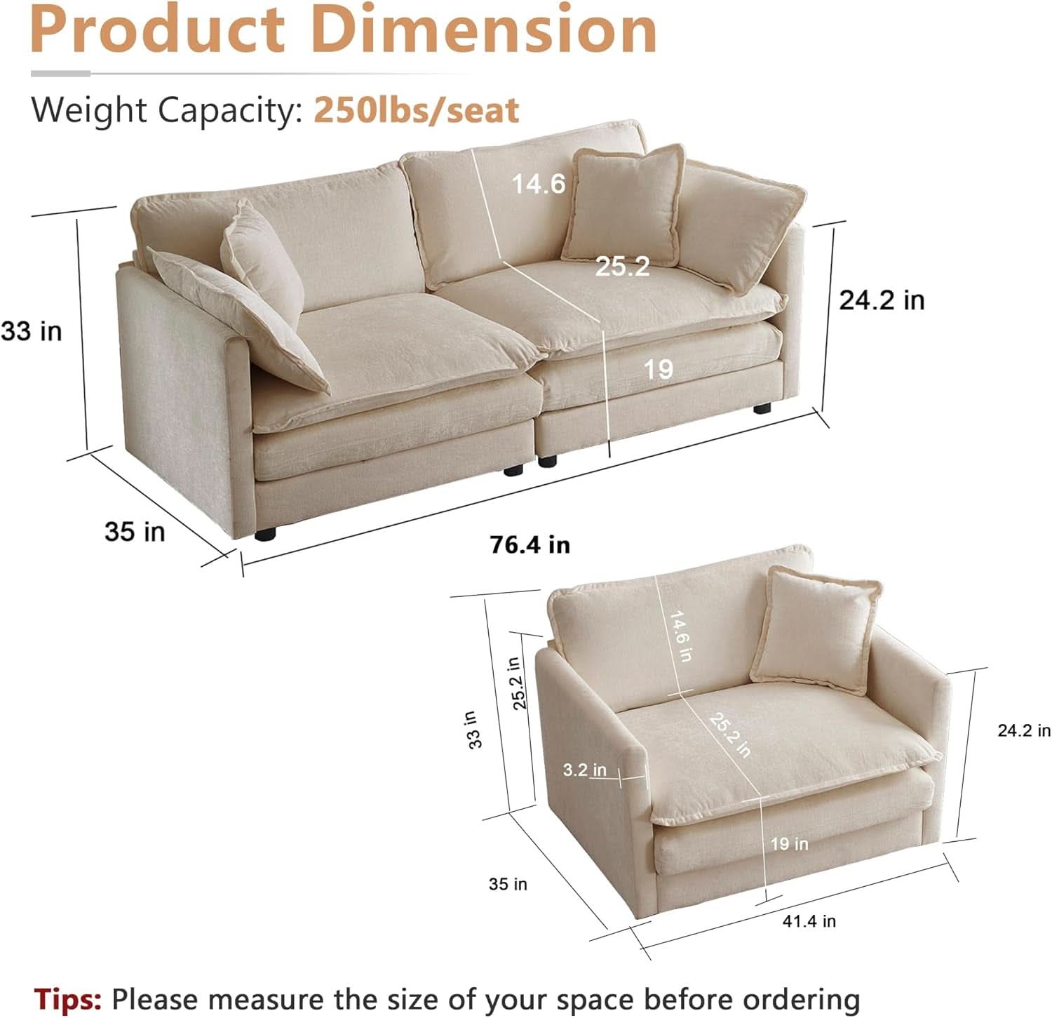 Light Coffee Chenille 2 Piece Loveseat Couch And Armchair