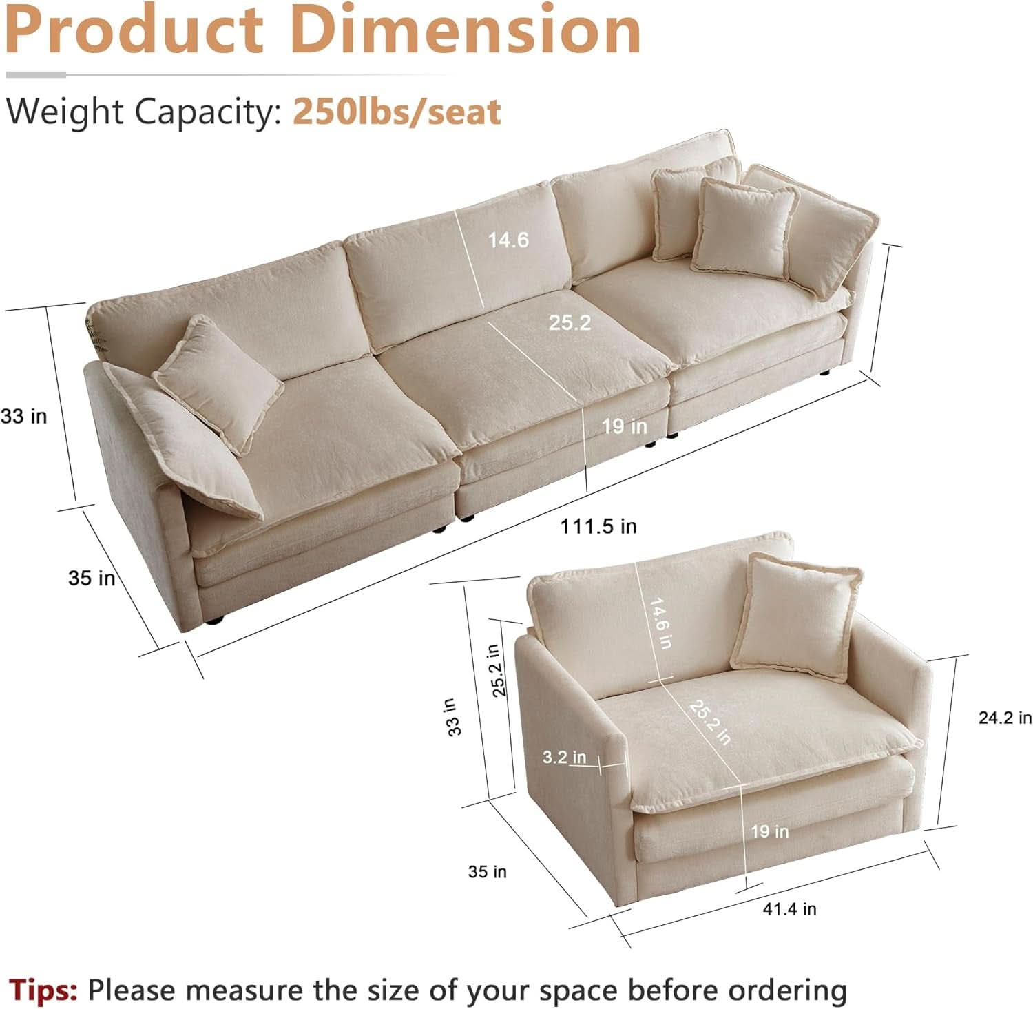 Light Coffee Chenille 3 Piece Sofa Set With Two Singles