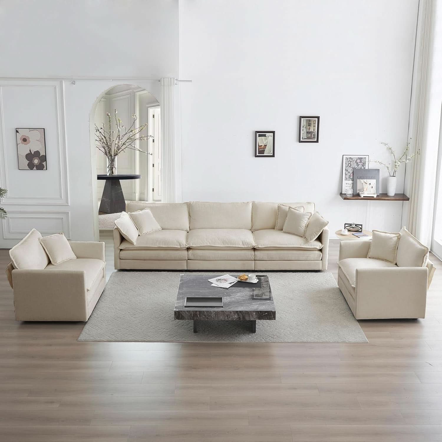 Light Coffee Chenille 3 Piece Sofa Set With Two Singles