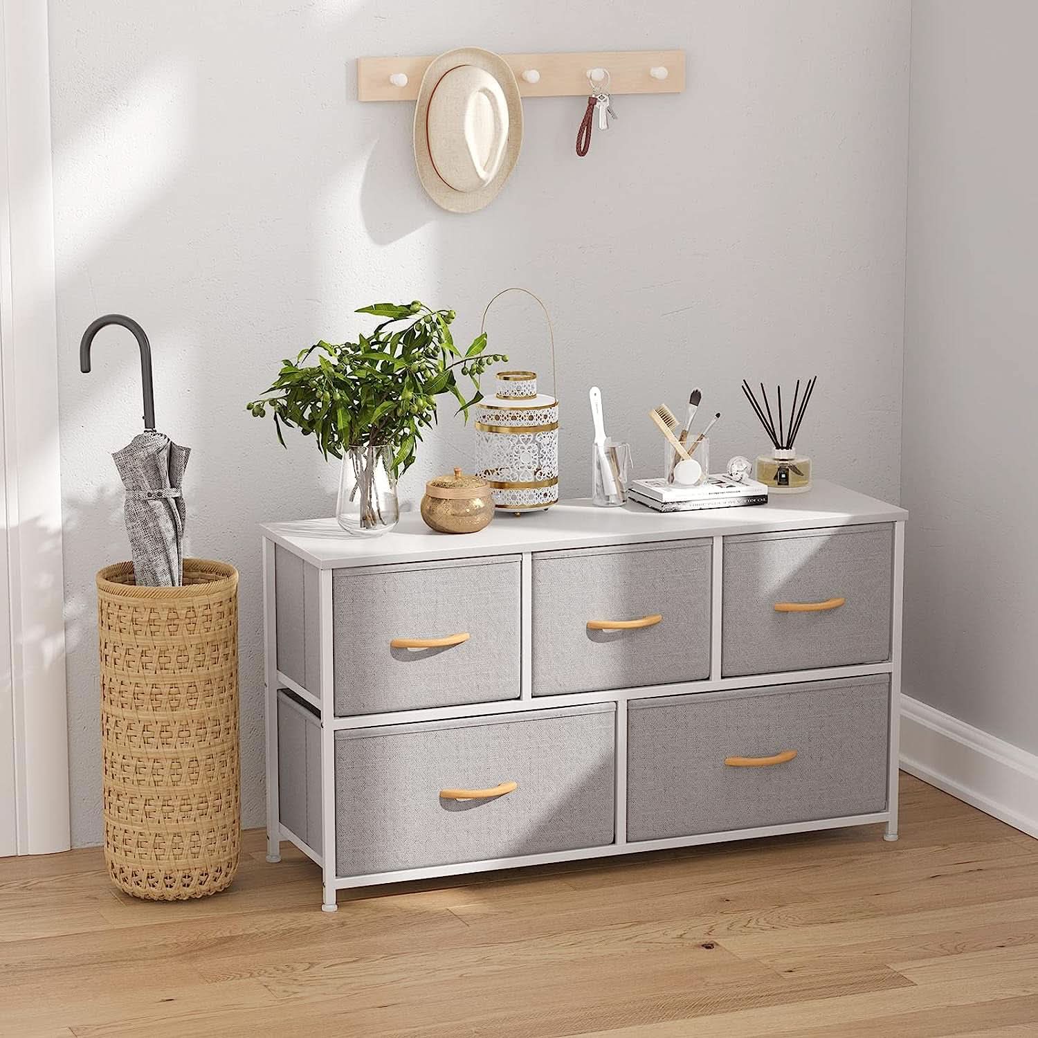 Light Gray 5 Drawer Dresser Tower Unit Small Size Modern