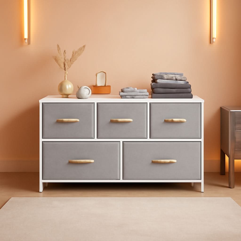 Light Gray 5 Drawer Dresser Tower Unit Small Size Modern
