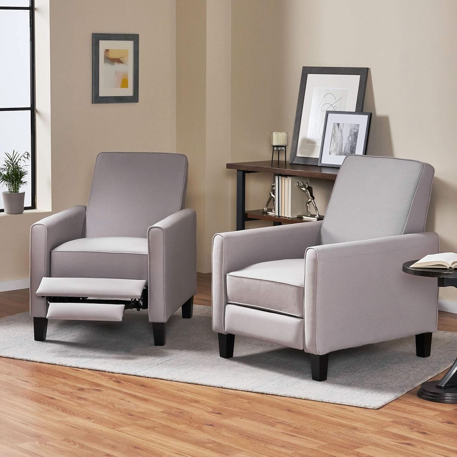 Light Gray Fabric Recliner Set 2 Low Profile Chairs