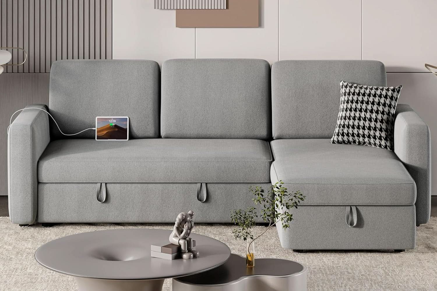 Light Gray L Shaped Sleeper Sectional With Pull Out Bed