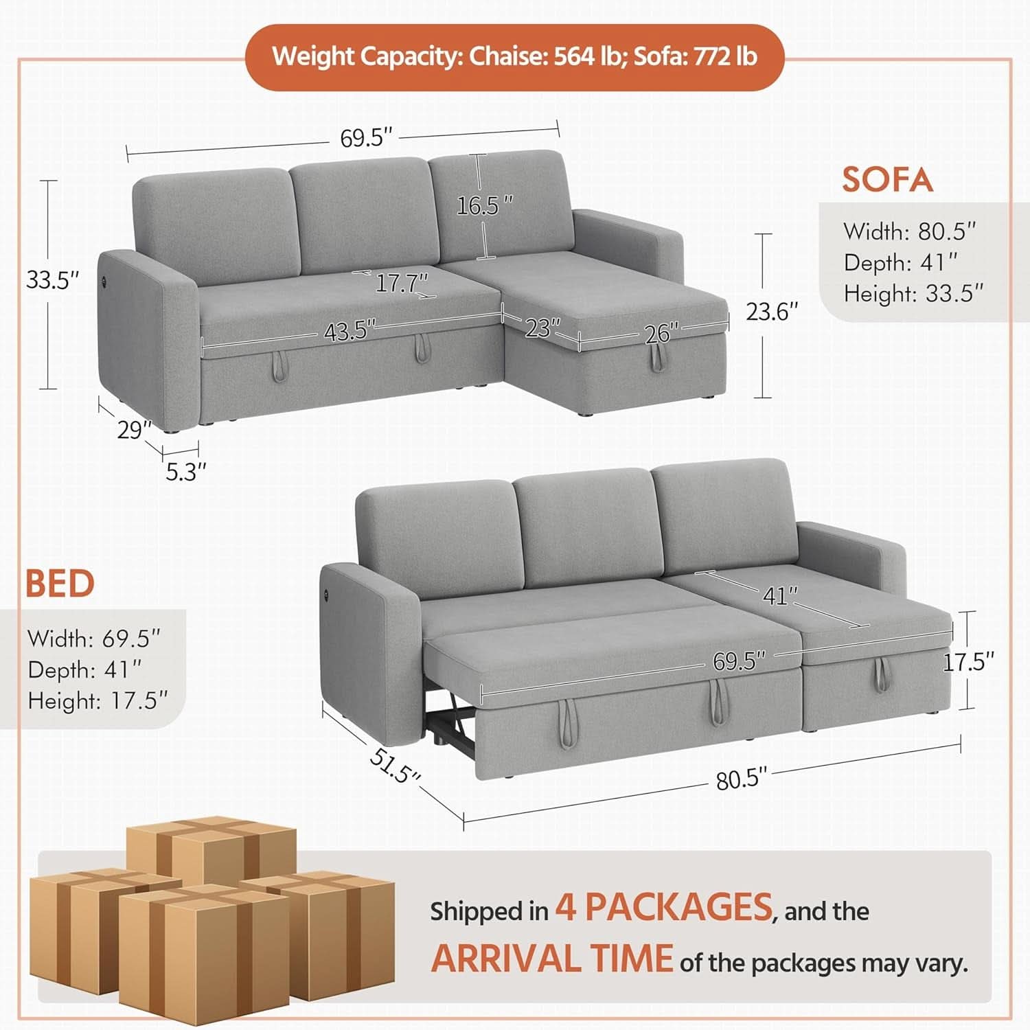 Light Gray L Shaped Sleeper Sectional With Pull Out Bed