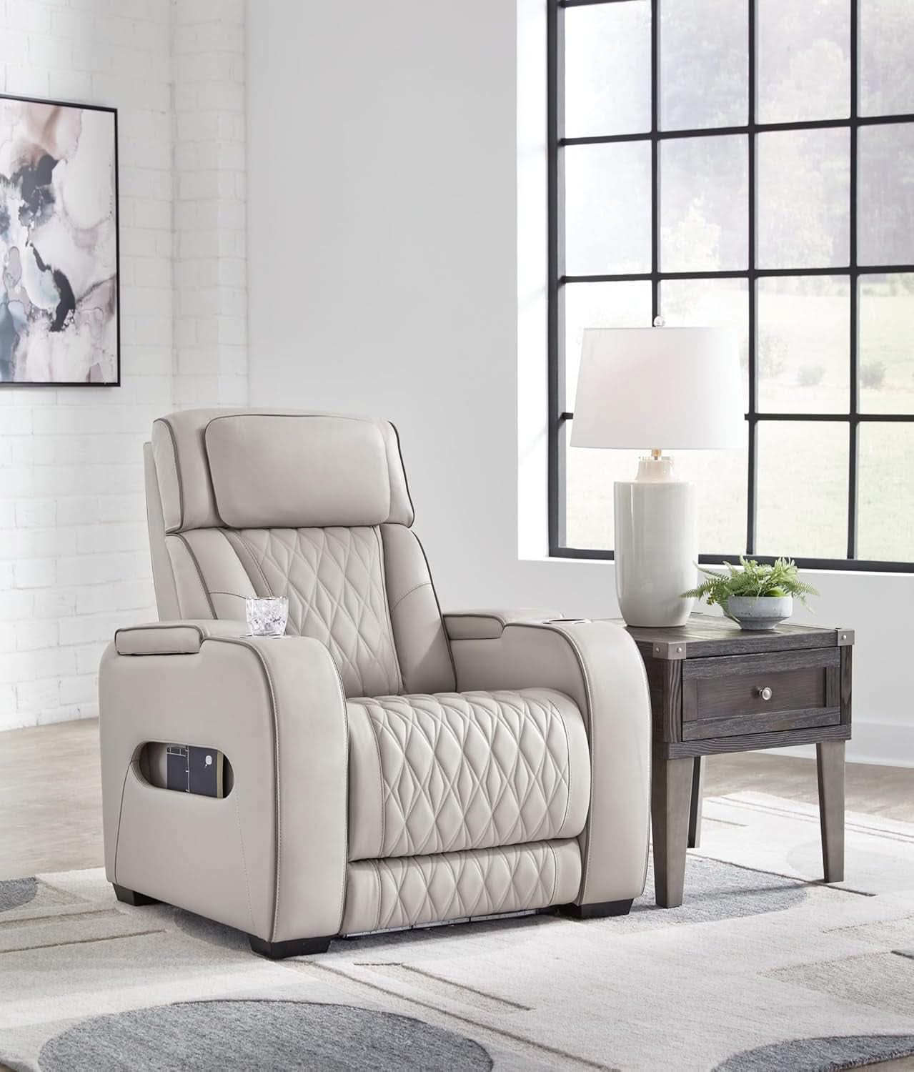 Light Gray Leather Power Recliner With Adjustable Headrest