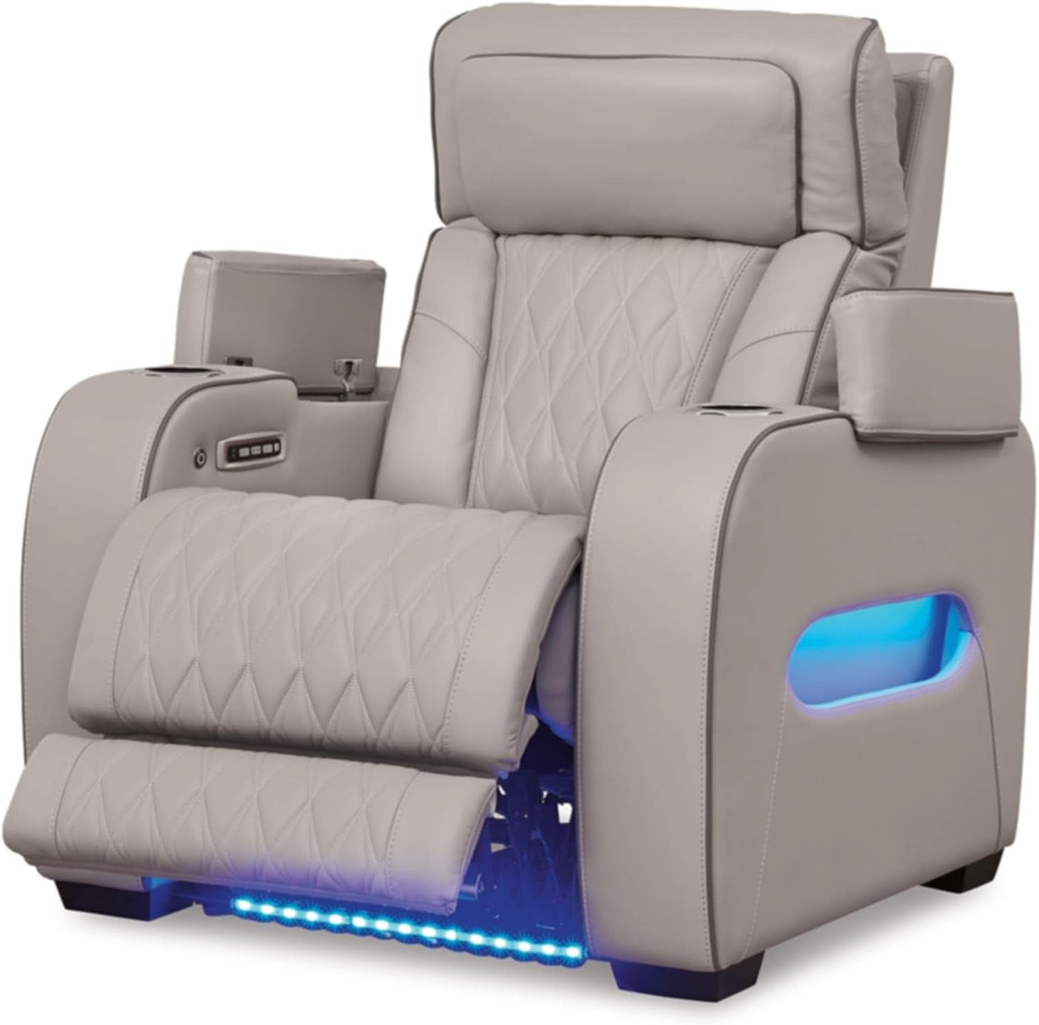 Light Gray Leather Power Recliner With Adjustable Headrest