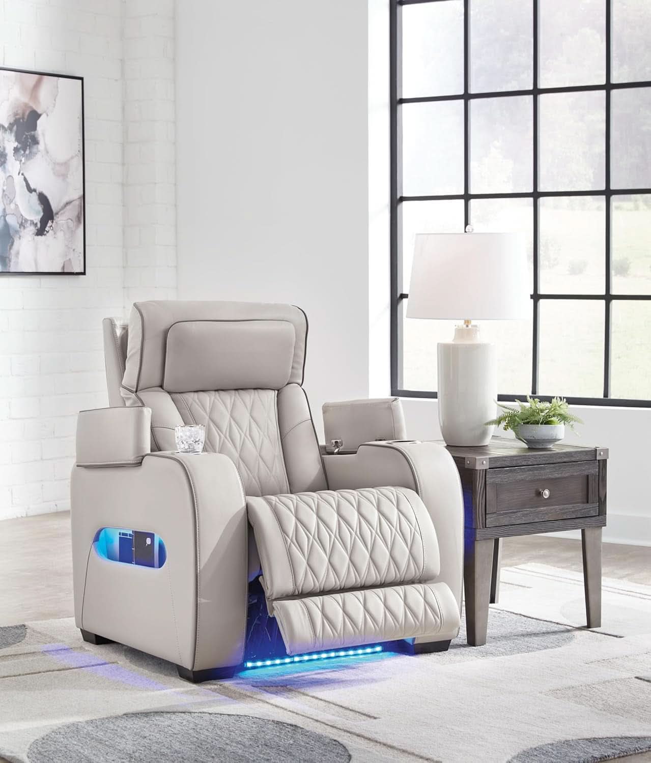 Light Gray Leather Power Recliner With Adjustable Headrest