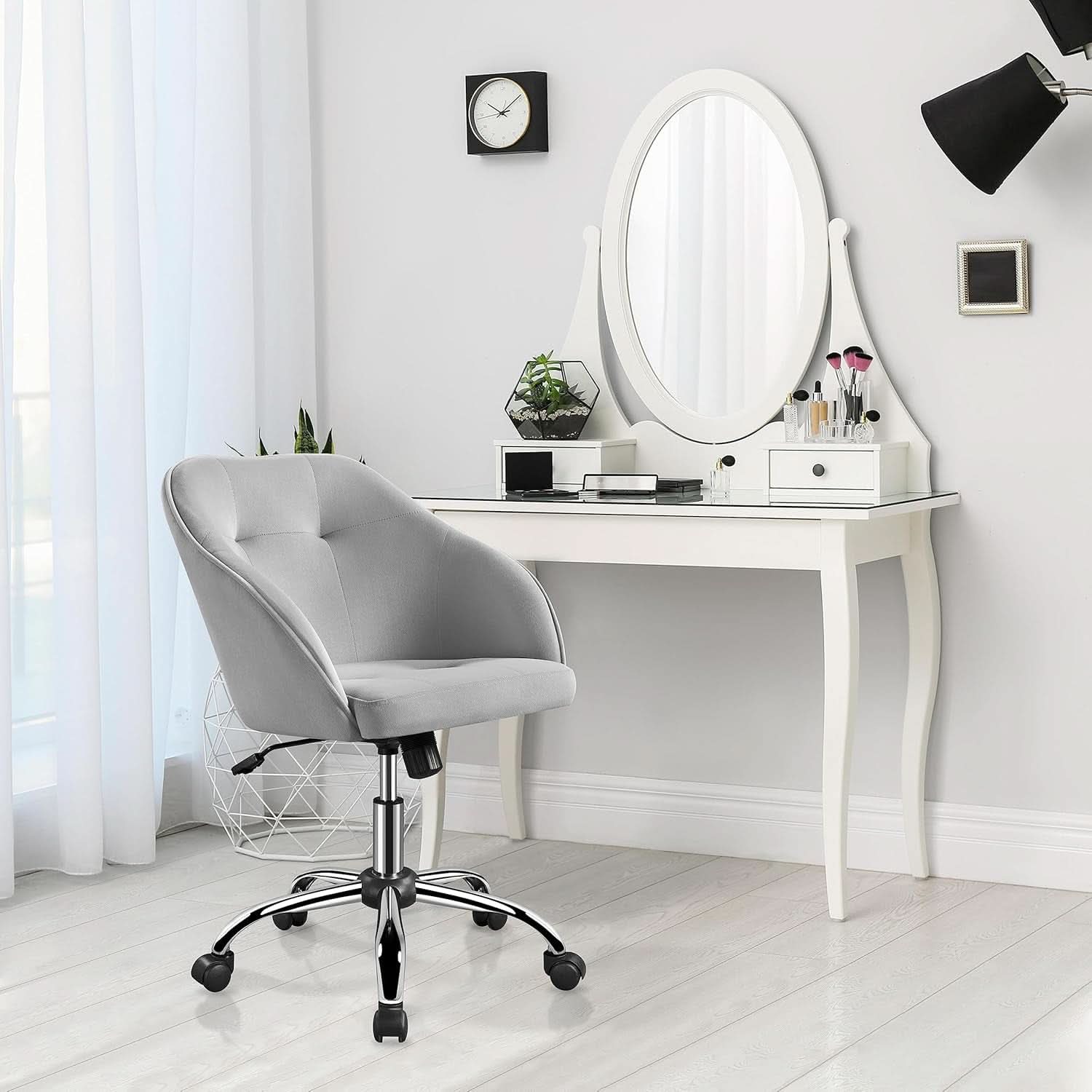 Light Gray Velvet Desk Chair With Adjustable Tilt Arm