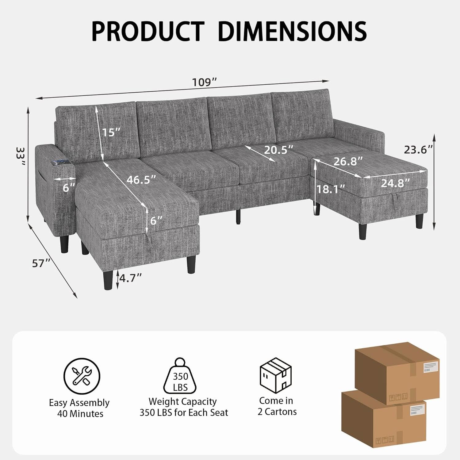 Light Grey 4 Seat Reversible Chaise Sectional Sofa