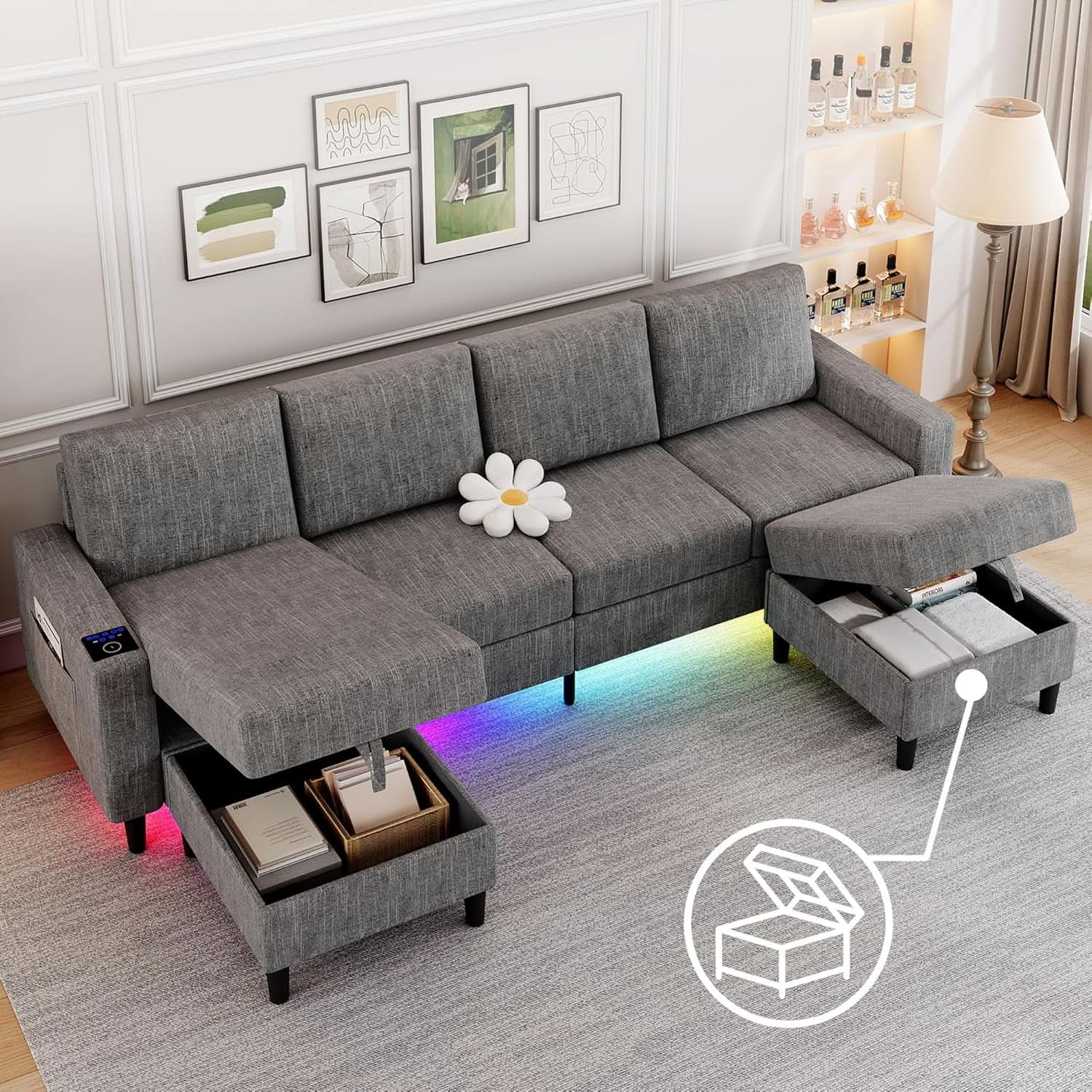 Light Grey 4 Seat Reversible Chaise Sectional Sofa