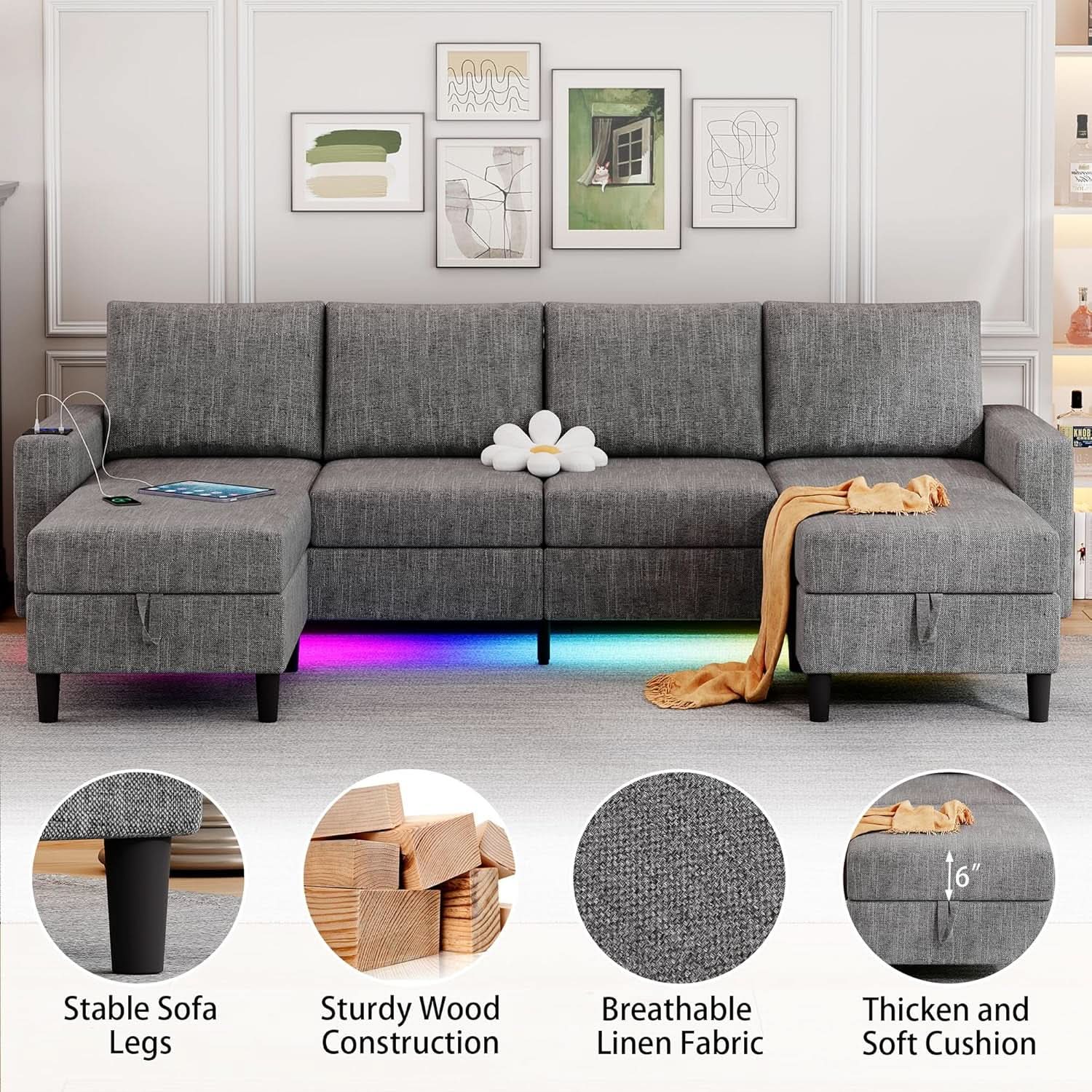 Light Grey 4 Seat Reversible Chaise Sectional Sofa