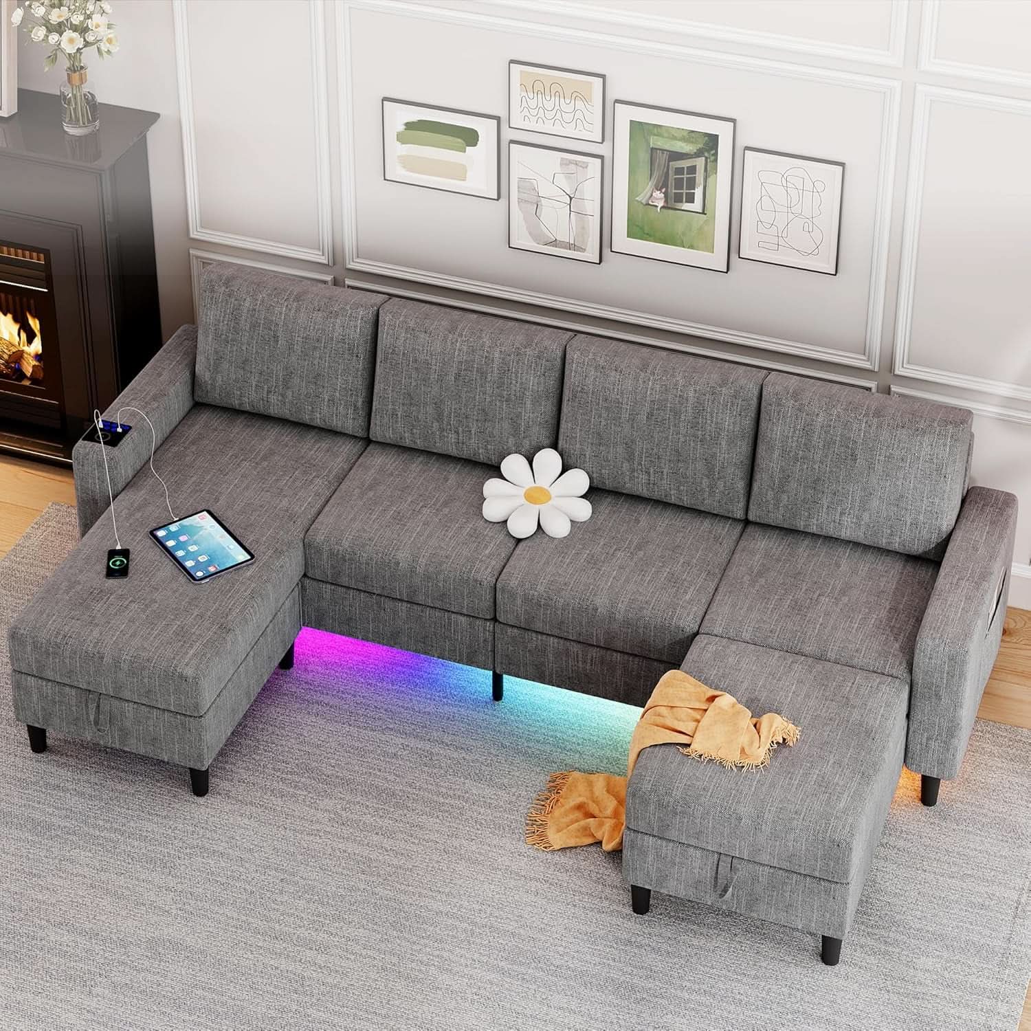 Light Grey 4 Seat Reversible Chaise Sectional Sofa