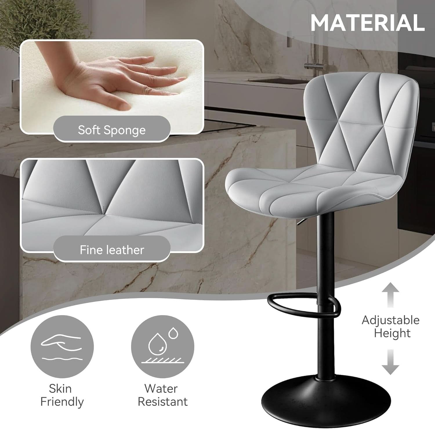 Light Grey Adjustable Bar Stools Set Of 2 Counter Height