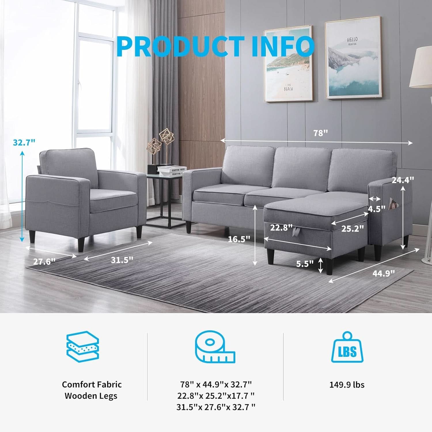 Light Grey Convertible Sofa Set With Storage Ottoman
