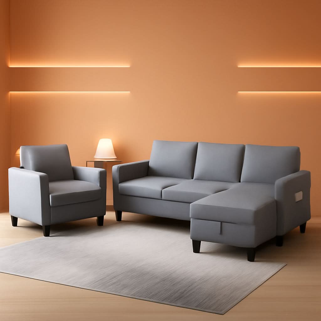 Light Grey Convertible Sofa Set With Storage Ottoman