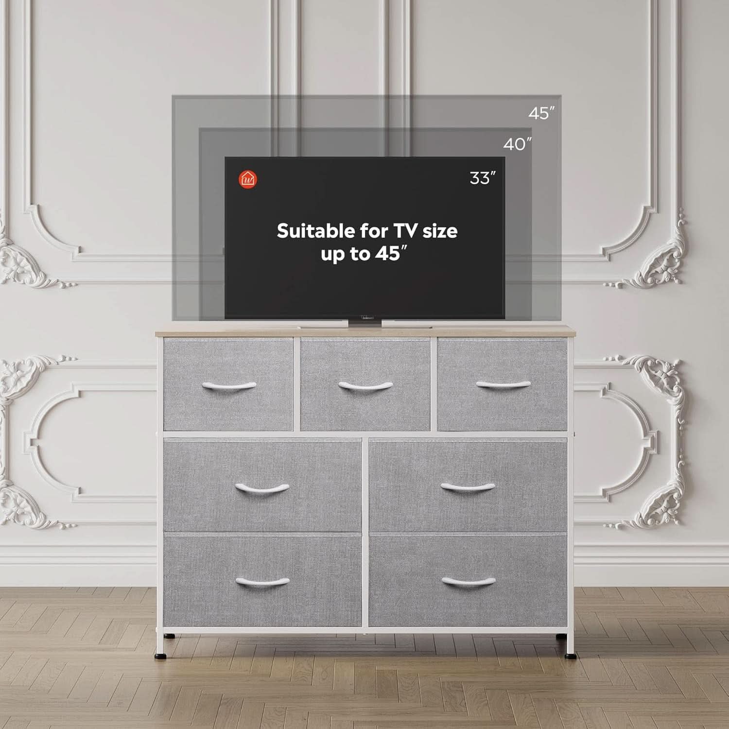 Light Grey Dresser TV Stand 45 Inch TV With Fabric Drawers