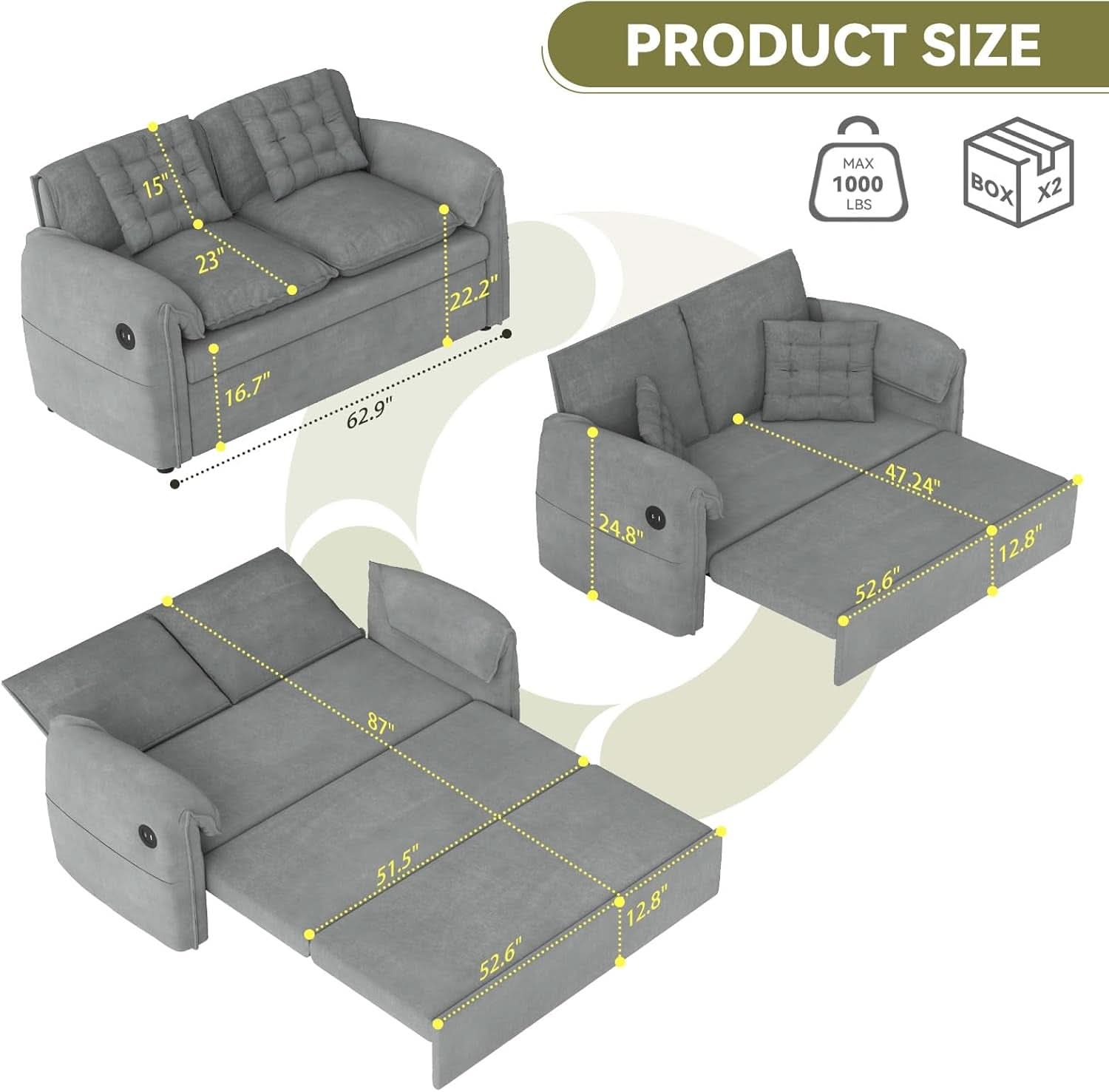Light Grey Eighty Seven Inch Convertible Sleeper Sofa