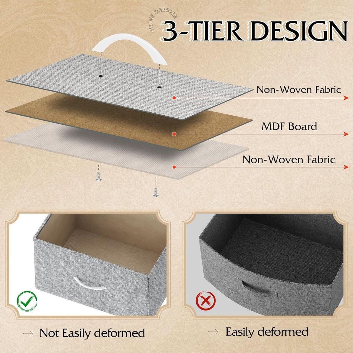 Light Grey Fabric 4 Drawer Dresser With Wood Top Storage