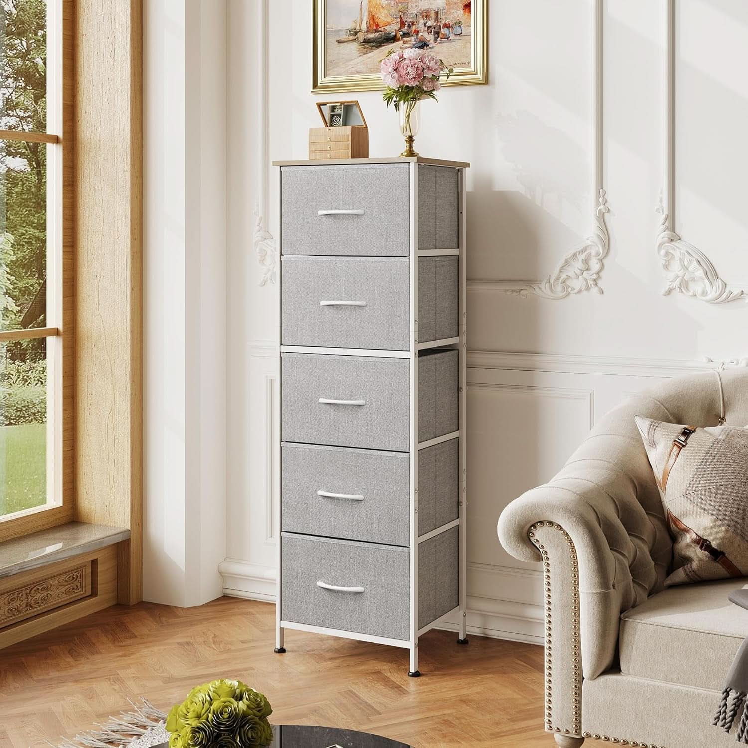 Light Grey Fabric Dresser 5 Drawer Organizer Storage Solution