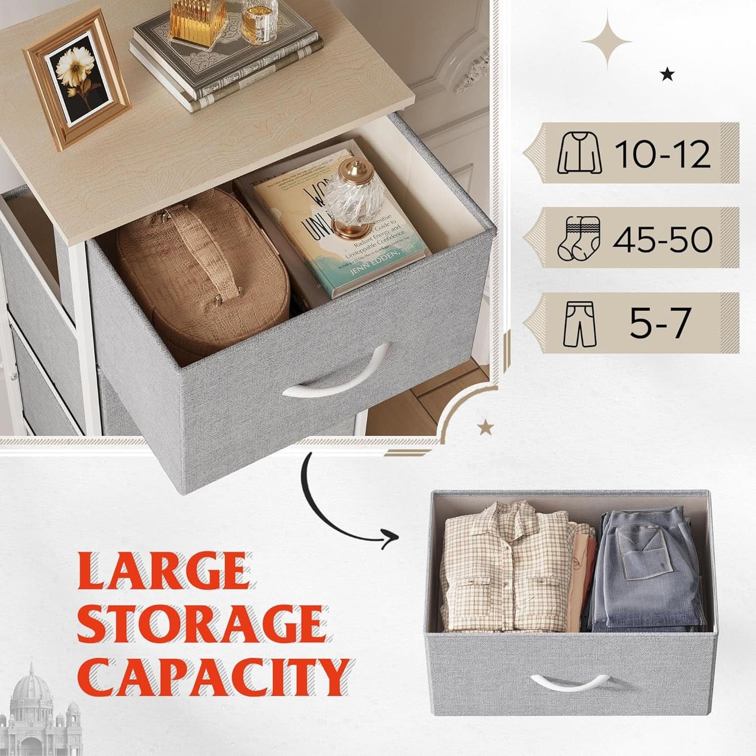 Light Grey Fabric Dresser 5 Drawer Organizer Storage Solution